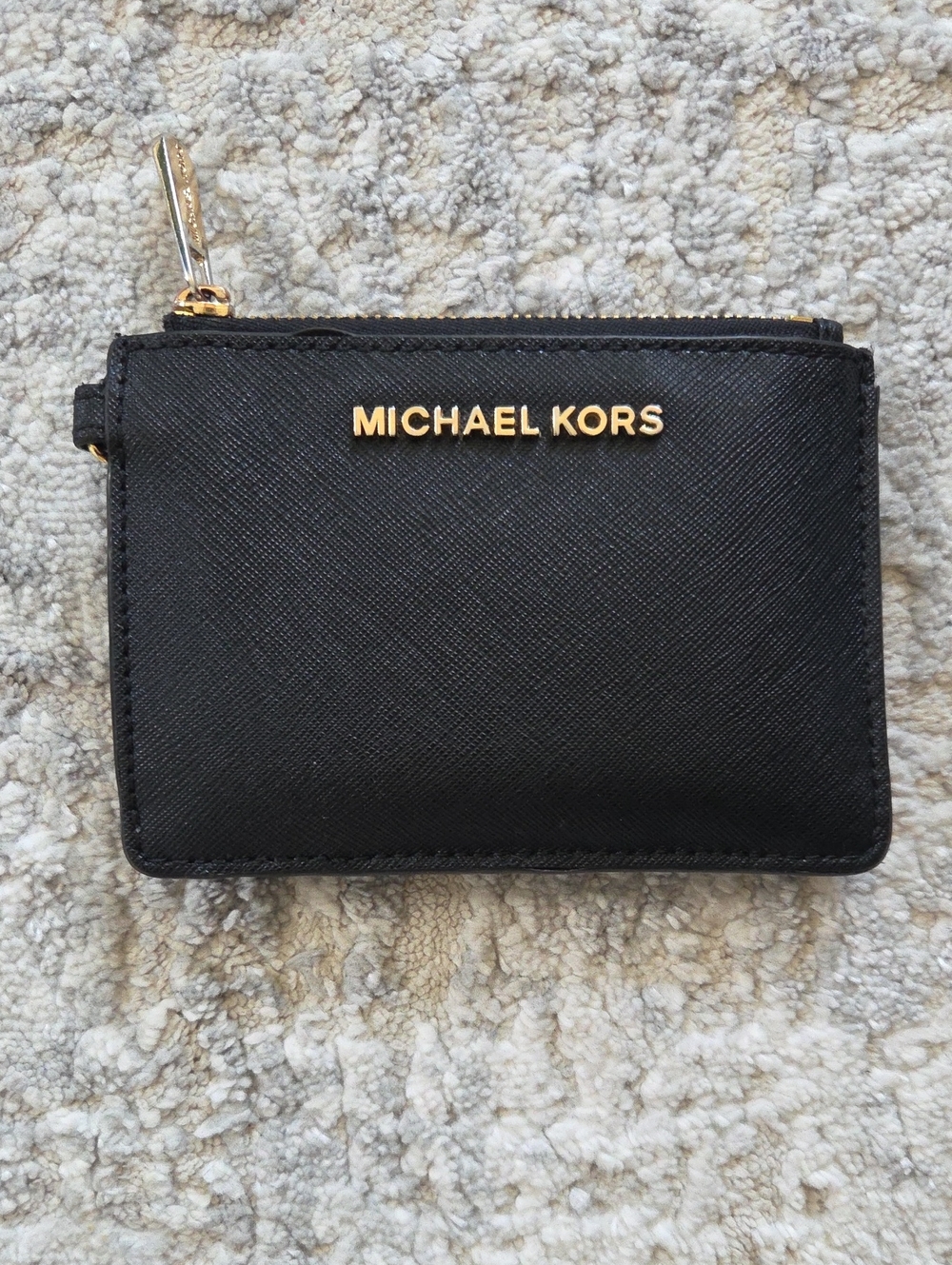 Michael Kors Black Leather Zip Card Case with Gold Logo